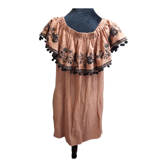 Umgee Tan Off-Shoulder Dress with Black Embroidery Med - Picture 2 of 11